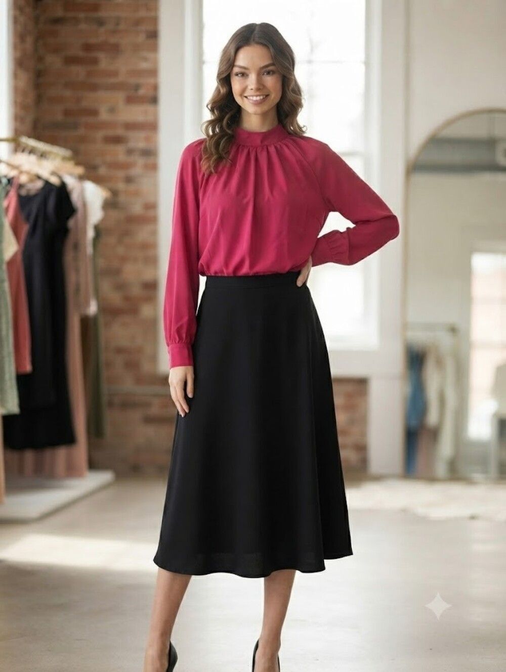 Casual Comfy Cute Classic Pink Work Blouse with Gathered Neck & Cut Out Sz M